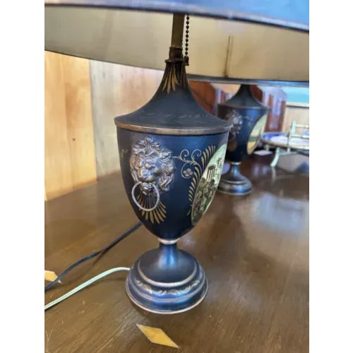 Chestnut Antique Pair of Green Tole Regency Chestnut Urn Neo Classical Table Lamps For Sale - Image 8 of 12