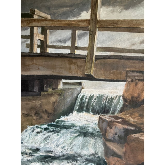 Large MidCentury Original Oil Painting of Spring Run - Dam and River For Sale - Image 4 of 12