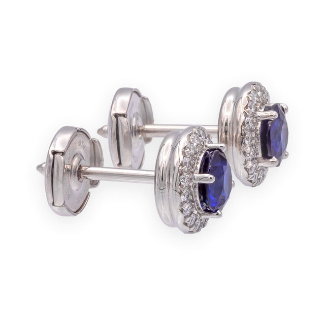 Tiffany & Co. Platinum Soleste Halo Round Sapphire and Diamond Stud Earrings 1ct, A Pair For Sale In New York - Image 6 of 9