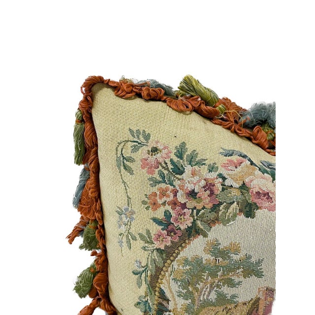 Beige Vintage Cottage Scene Petit Point Pillow For Sale - Image 8 of 8