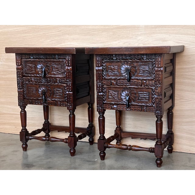 20th Century Pair of Spanish Nightstands With Two Drawers and Iron Hardware For Sale - Image 4 of 11