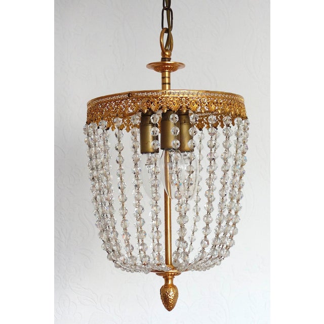 Metal Brass Lead Crystal Pearl Three Lights Chandelier, 1960s For Sale - Image 7 of 11