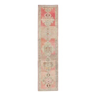 Vintage Turkish Oushak Runner With Medallion Design in Pink, Light Green & Taupe 2'10 X 12'6 For Sale