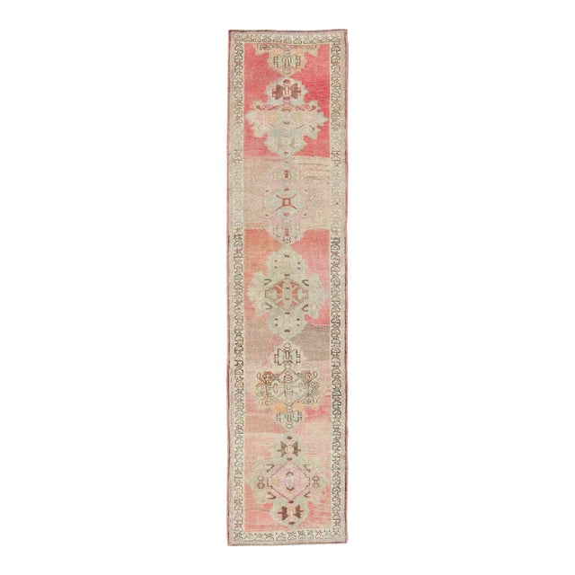 Vintage Turkish Oushak Runner With Medallion Design in Pink, Light Green & Taupe 2'10 X 12'6 For Sale