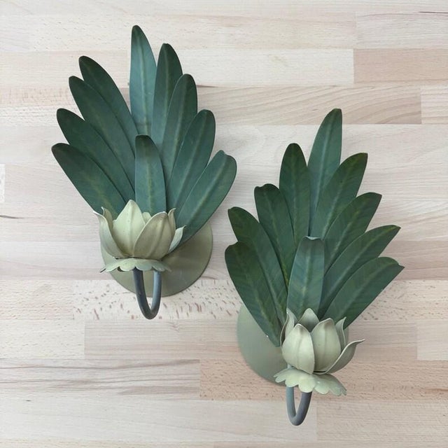 1960s Italian Palm Leaf Candle Sconces – Vintage Metal Wall Sconces with Lotus Flower Detail (Pair) Add a touch of vintage...