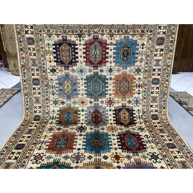 Ivory & Blue Sultani Natural Dye Wool Rug, Tribal Geometric Medallion ...