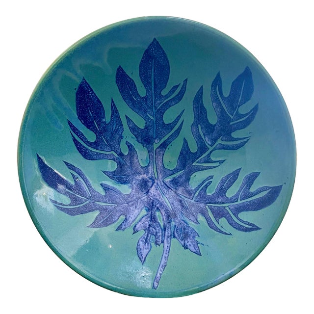 Vintage Blue Leaf Pottery Bowl For Sale
