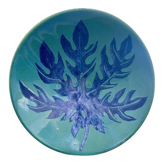Vintage Blue Leaf Studio Pottery Bowl For Sale