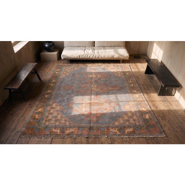 Textile 1930s Blue Medallion Antique Jerusalem Rug 5'10" X 9'0" Handknotted Wool Carpet For Sale - Image 7 of 9