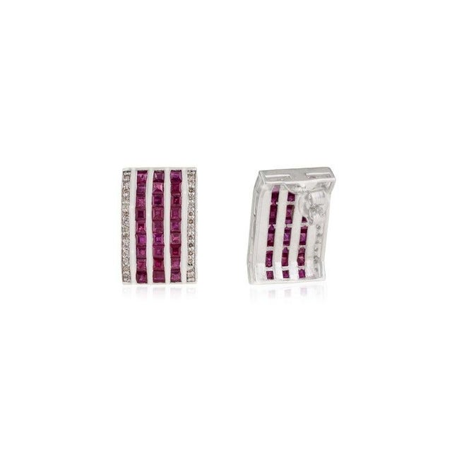 Not Yet Made - Made To Order Art Deco Style Multi-Row Square Ruby Diamond Panel Silver Stud Earrings- A Pair For Sale - Image 5 of 11