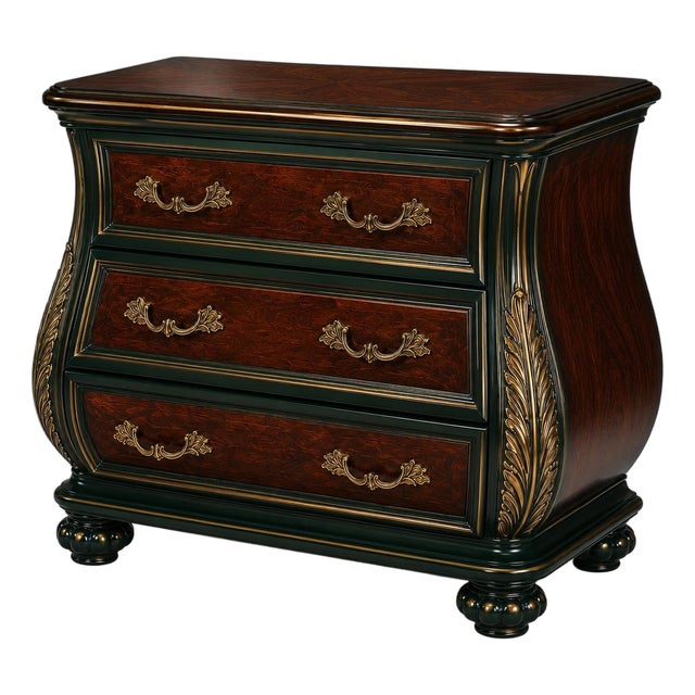 Vintage Bombay Bombe Chest in Emerald City Mahogany Finish With Gold Gilded Accents For Sale