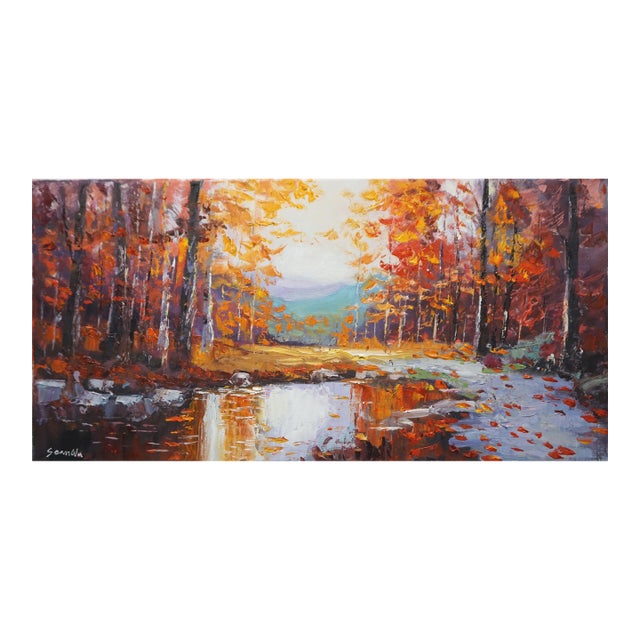 Original Oil Landscape, Forest Stream in Autumn Scenery For Sale