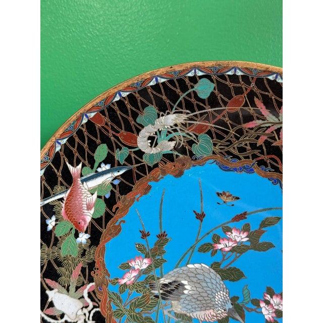 Meiji Japanese Cloisonne Enamel Charger With Crab, Fish, and Marine Life in Net For Sale - Image 9 of 12