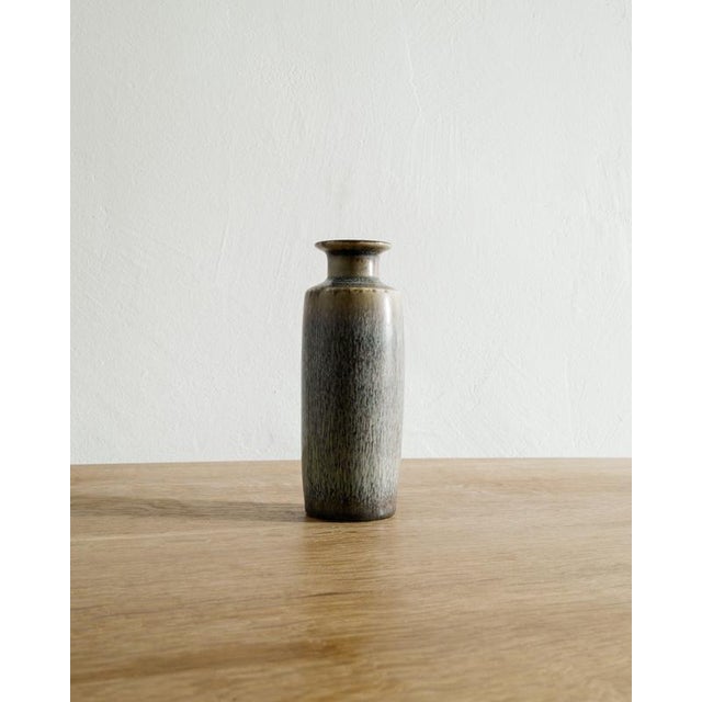 A rare Swedish mid century stoneware vase in a beautiful green hare fur glaze by Carl-Harry Stålhane for Rörstrand Sweden,...