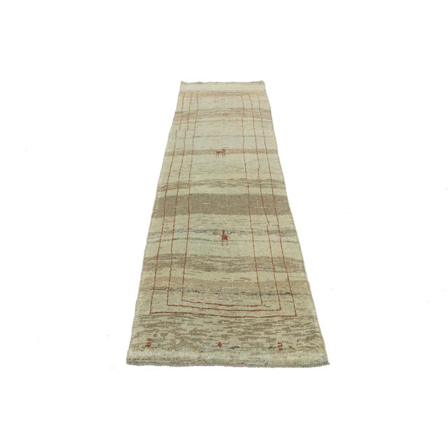 Contemporary Modern Minimalist Persian Gabbeh Wool Runner – Earthy Beige & Rust Tribal Motif For Sale - Image 3 of 8