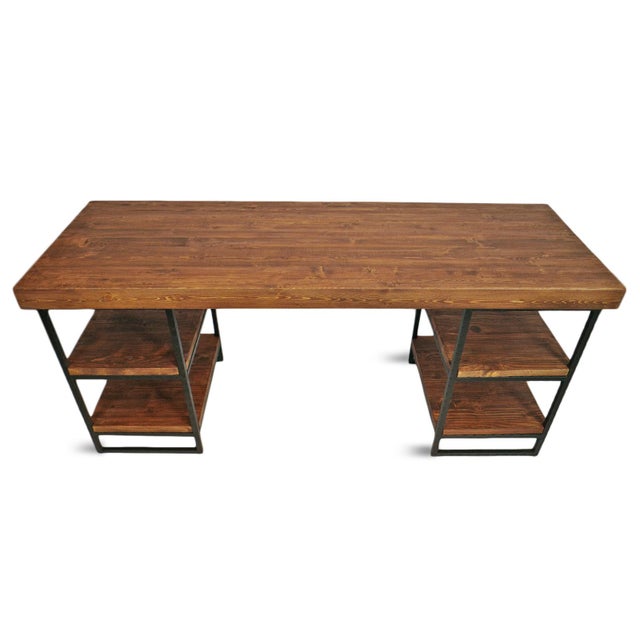 Modern rustic style reclaimed pine wood and iron desk with shelves. Height between shelves is 9". 27" height for chair...