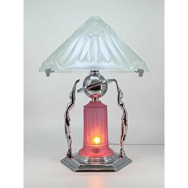 1980s Art Deco Frankart Style Chrome Table Lamp Pink Vianne Frosted Glass Nude Lady For Sale - Image 13 of 18
