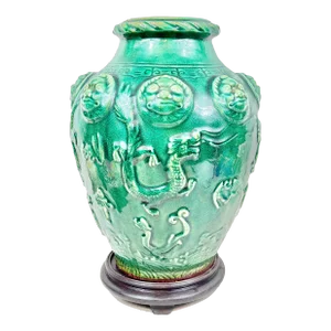Large Chinoiserie Green Vase With Stand