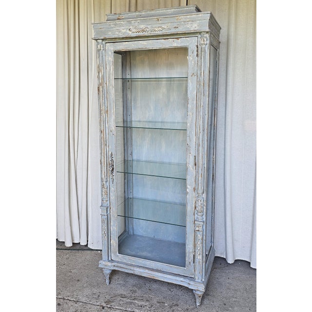 1930s Vitrine Cabinet, French Bluish Display Cabinet/ Case, Cracked / Peeling Finish For Sale - Image 16 of 18