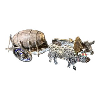 Antique Sterling & Enamel Fillagree Miniature, Tiny Ox Cart & Wood Barrow For Sale
