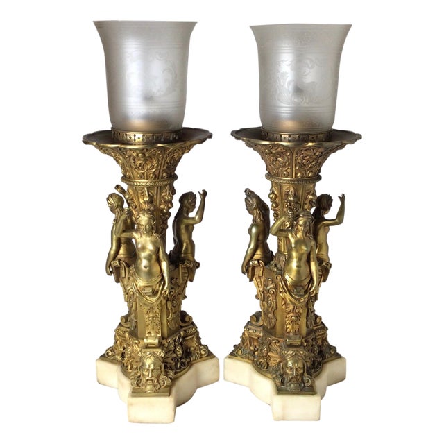 1900 Bronze and Marble Large Garniture Lamps - a Pair For Sale