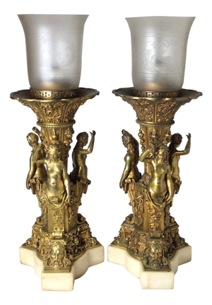 1900 Bronze and Marble Large Garniture Lamps - a Pair
