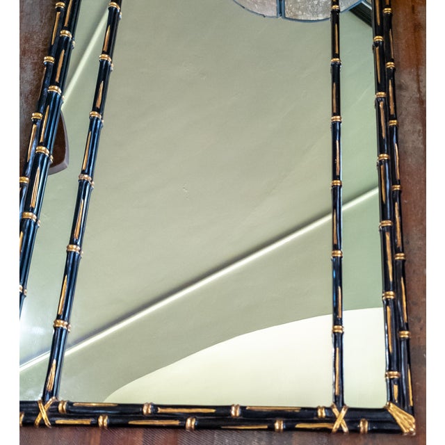 Mid-Century Faux Bamboo Chinoiserie Black and Gold Carved Wood Mirror For Sale In New York - Image 6 of 16