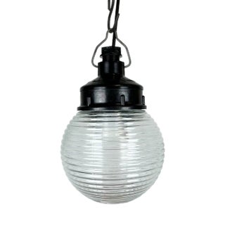 Industrial Bakelite Pendant Light with Ribbed Glass, 1970s For Sale