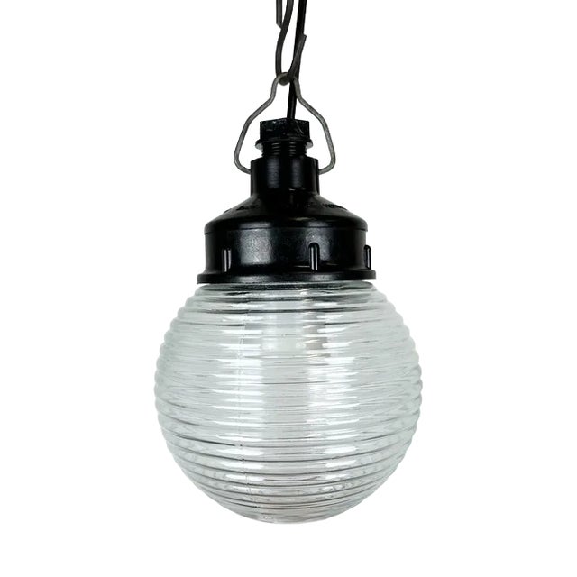 Industrial Bakelite Pendant Light with Ribbed Glass, 1970s For Sale