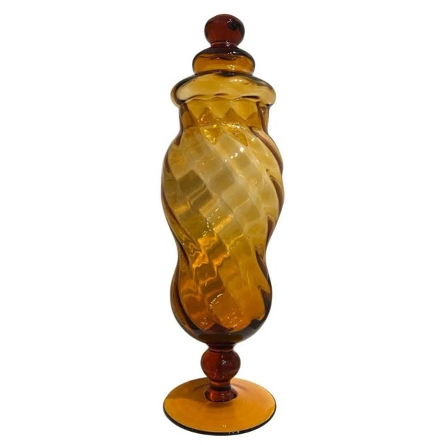 Mid-Century Modern Vintage Mid-Century Modern Italian Empoli Blown Glass Apothecary Jar Amber, Italy For Sale - Image 3 of 4