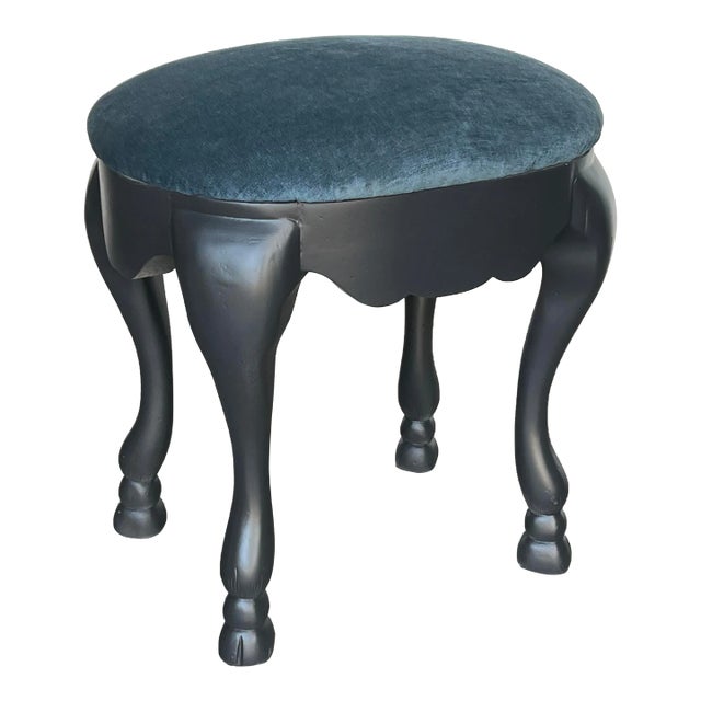 Late 20th Century Carved Wood Hoof-Foot Bench With Velvet Top For Sale