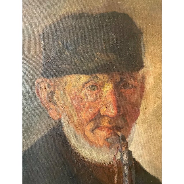 Realism Antique H Glass Elder Man Expressionism Smoking Pipe Oil Painting Portrait 1800s For Sale - Image 3 of 13