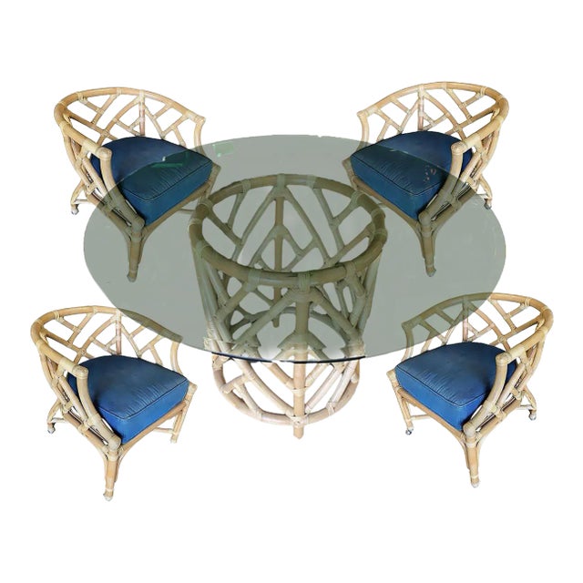 1960s Round Pedestal Table and Geometric Bucket Armchair Rattan Dining Set of 5 For Sale