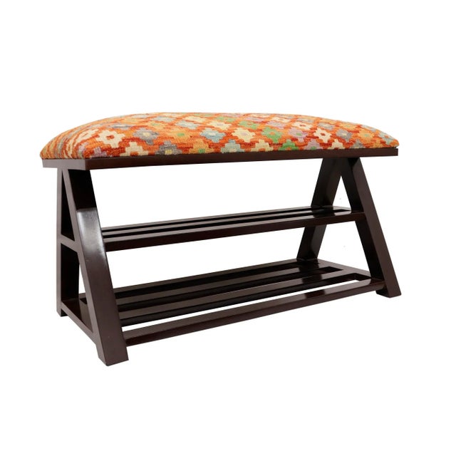Orange Geometric Kilim Upholstered Handmade Wood Storage Bench For Sale - Image 8 of 11