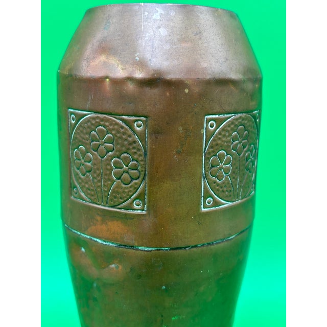 Antique German Jugendstil Hammered Copper Vase Floral Panels 8.25” Germany For Sale - Image 4 of 12