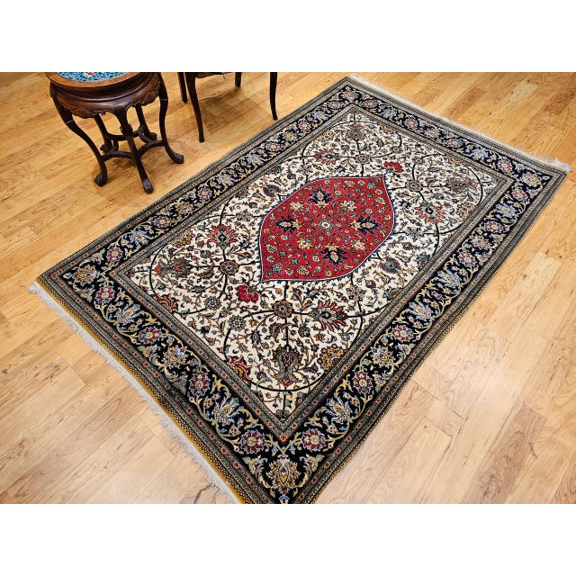 Vintage Qum Area Rug, Hand-Knotted Wool & Silk, Floral Medallion Pattern, 5x7, Ivory & Red For Sale - Image 9 of 18