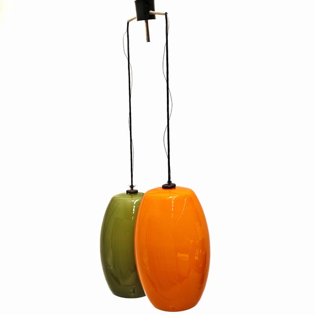 Mid-Century Modern Vintage Green and Orange Glass Pendant attributed to Alessandro Pianon for Vistosi, 1960s For Sale - Image 3 of 12