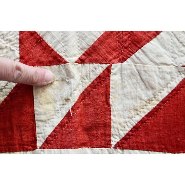 Early 20th C Red and White Pinwheel Style Pattern Hand-Stitched Cotton Quilt For Sale - Image 15 of 16