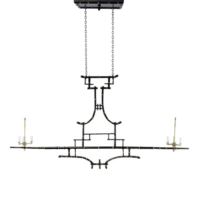 Vintage Chinoiserie Faux Bamboo Pagoda Chandelier Black and Gold Linear Island Pendant Light For Sale