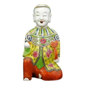Chinese Qing Polychrome Jos Stick Holder Boy Kneeling 19th Century