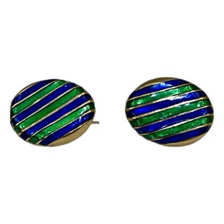 Blue Green Enamel Oval Cufflinks in 14 Karat Yellow Gold 15.5 Gm, Men's For Sale