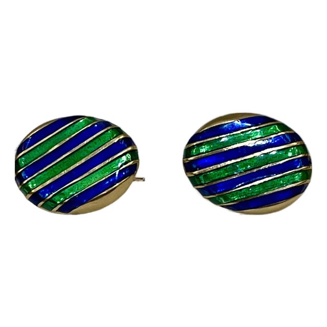 Blue Green Enamel Oval Cufflinks in 14 Karat Yellow Gold 15.5 Gm, Men's For Sale