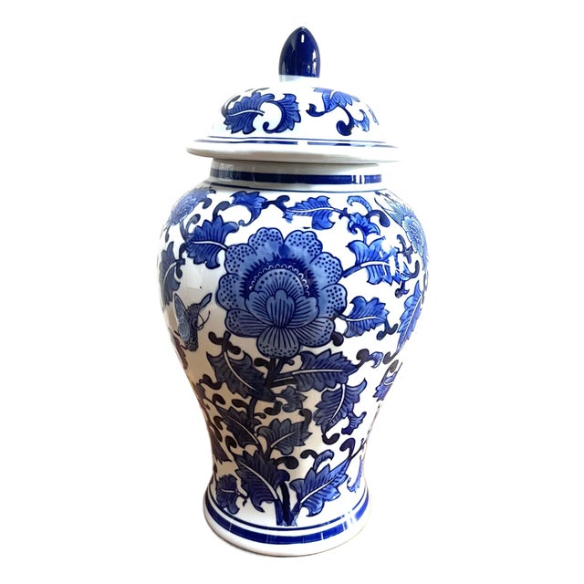 Large Vintage Blue and White Ceramic Ginger Jar For Sale