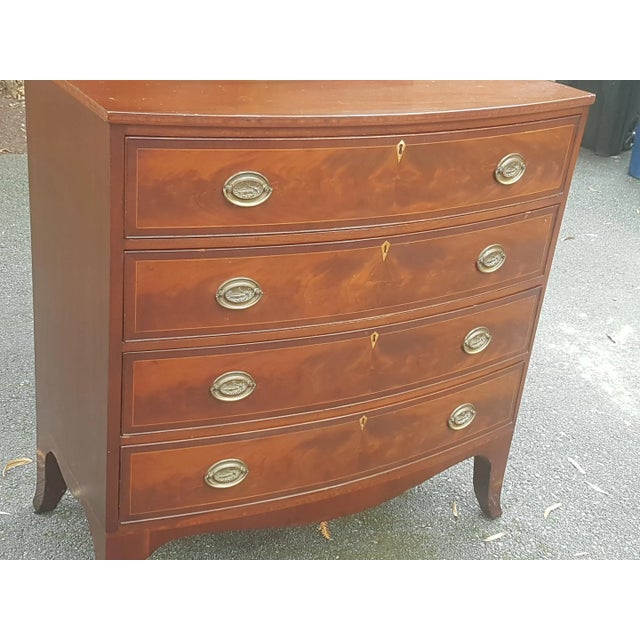 Wood Late 20th Century Georgian Bow Front Inlaid Chest of Drawers For Sale - Image 7 of 11
