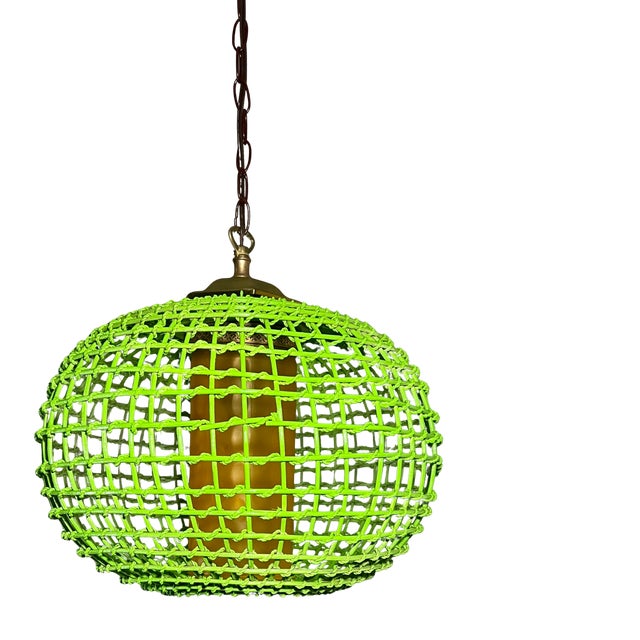 Green Vintage Rattan Green Globe Oange Glass Shade Pendant Light For Sale - Image 8 of 18