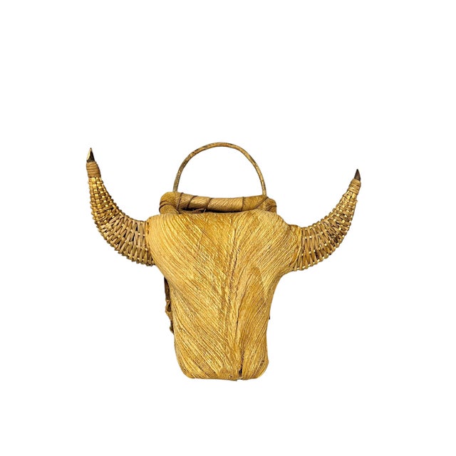 Late 20th Century Pair Vintage Texas Folk Tramp Art Wicker Bull Head Planters For Sale - Image 5 of 14