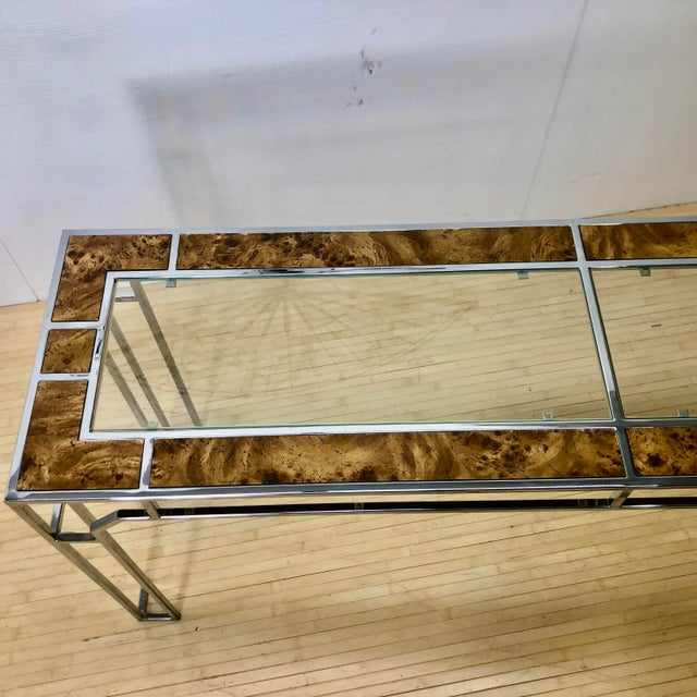 1970s Milo Baughman Console Table | Burlwood Chrome and Glass For Sale - Image 5 of 11