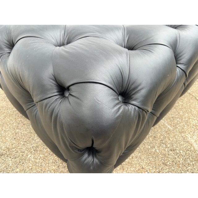 1950s Large Chesterfield Style Tufted Black Italian Leather Ottoman Bench For Sale - Image 10 of 11