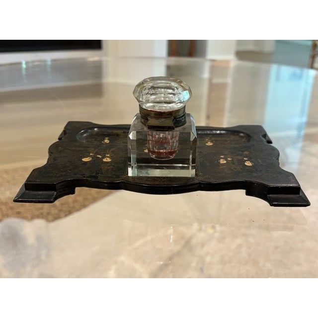 Black Antique 19th Century Black Lacquer Chinoiserie Inkstand With Cut Glass Inkwell For Sale - Image 8 of 18