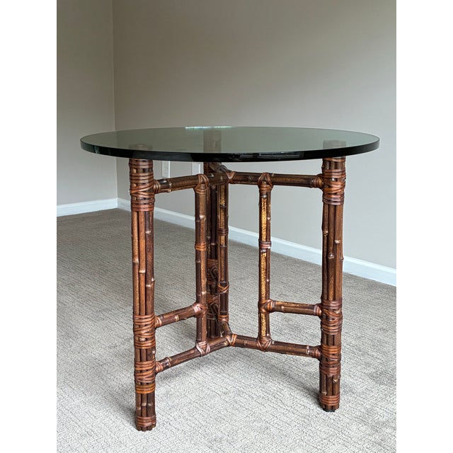 Vintage McGuire Bamboo Rattan Round Glass Top Side / Center Table For Sale In Charlotte - Image 6 of 6